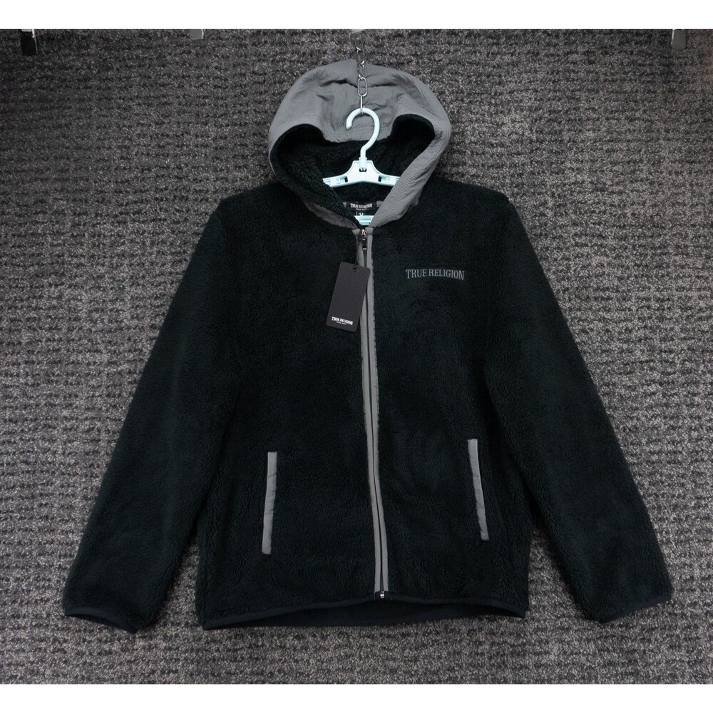 True Religion Jacket Mens Medium Black Full Zip Contrast Sherpa Hooded Logo NWT